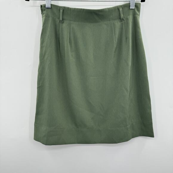 LOFT Pleated A-Line Knee Length Skirt Size 2 Olive Green Buttons Office Stretch - Picture 2 of 10